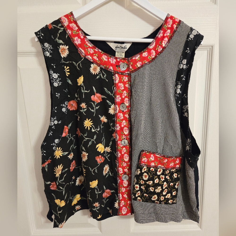 Fern Bratten Vintage Black Floral Patchwork Button-Front Top Size 18